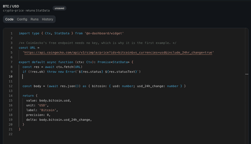 Typing ctx. in the widget editor opens the completion list — fetch, google, graphql, history, id, log,
                 mqtt, secret, state, test, trigger — then typing sec narrows it to secret and accepting it shows the
                 signature secret(name: string): string with its doc comment.