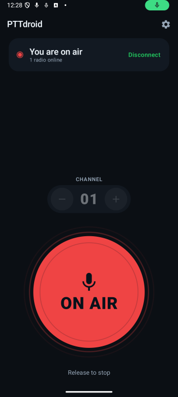 The main screen while transmitting: the status card reads You are on air, and the large button is red, labelled ON AIR.