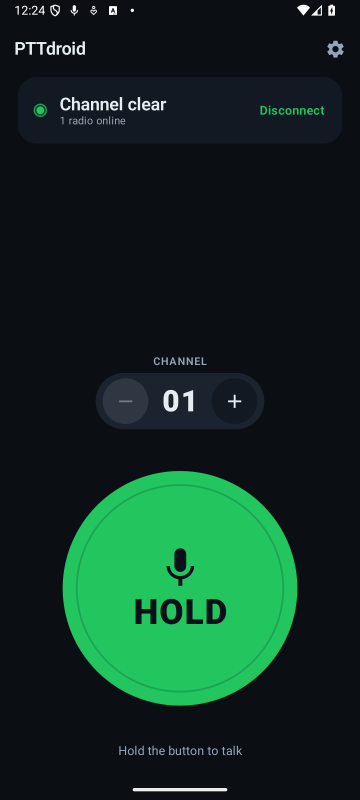 The PTTdroid main screen: a status card reading Channel clear with two radios online, a channel selector showing 01, and a large green button labelled HOLD.