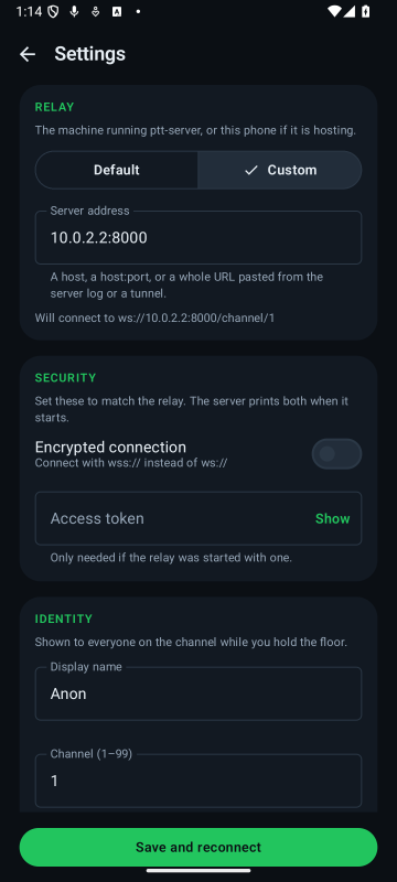 The settings screen: cards for Relay with host and port, Identity, Appearance with a System, Light and Dark selector, and Hands-free toggles.