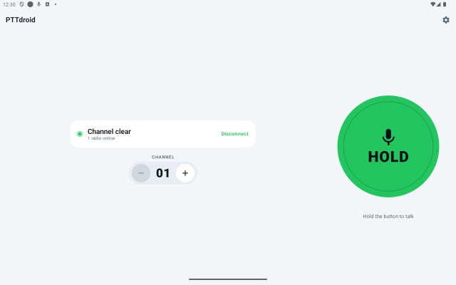 The app on a tablet in landscape and light theme: the status card and channel selector on the left, a large blue button labelled BUSY on the right, under the line Anon is talking.